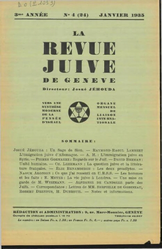 La Revue Juive de Genève. Vol. 3 n° 4 fasc. 24 (janvier 1935)